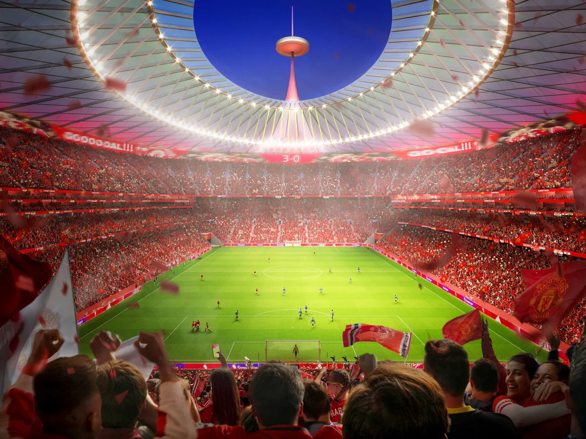 A panoramic view of a large, modern sports stadium at dusk.