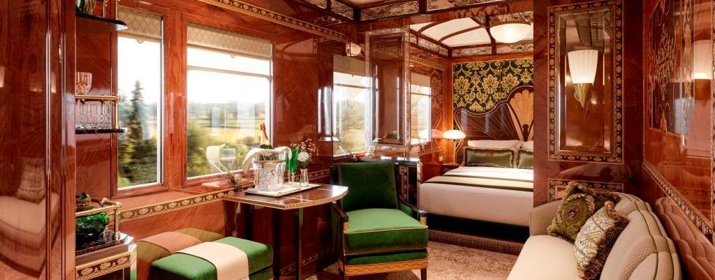 Close-up of intricate marquetry or Lalique glass panel on the Orient Express