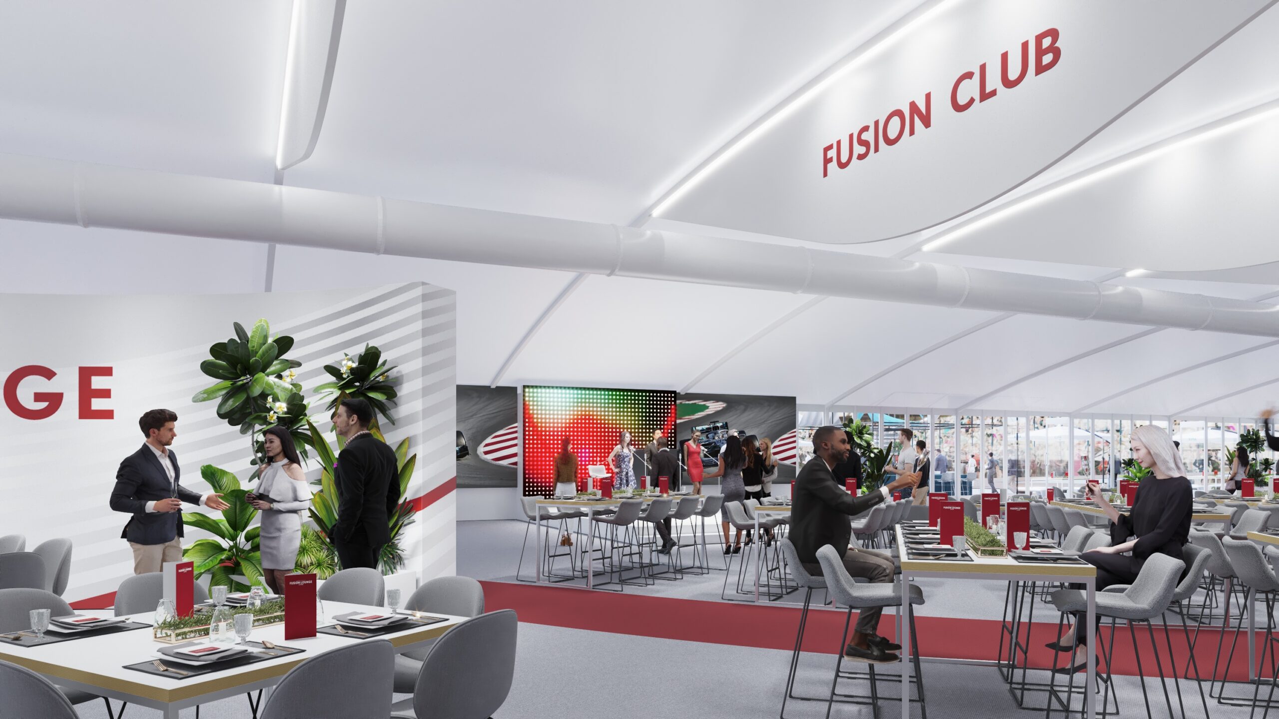 Vibrant atmosphere of the Fusion Lounge hospitality at Silverstone, showing the terrace view of the track and guests enjoying the after-party.