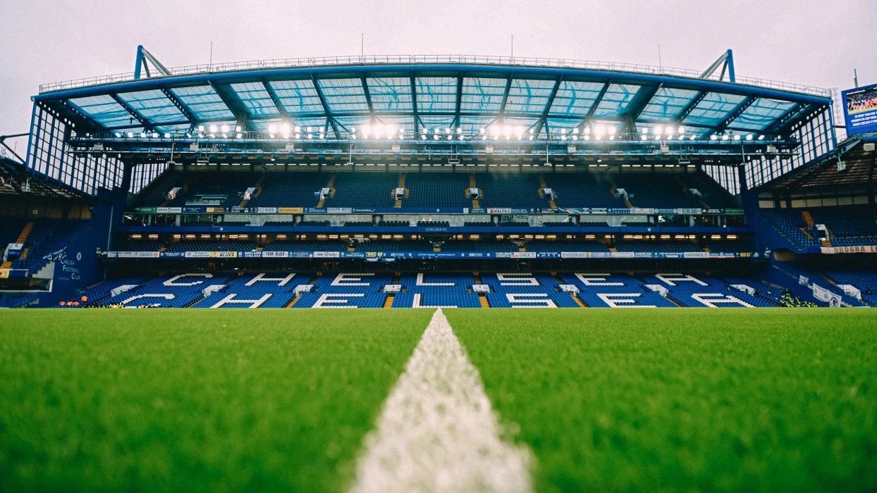 An elevated view of the pitch and stands at Stamford Bridge stadium.