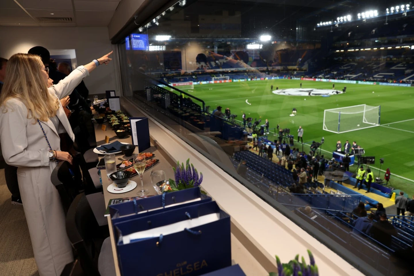 An exclusive view from a luxury hospitality box overlooking the pitch at Stamford Bridge.
