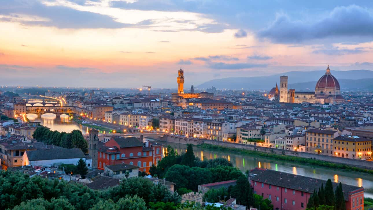 View of the Arno river from a luxury hotel room window in Florence.